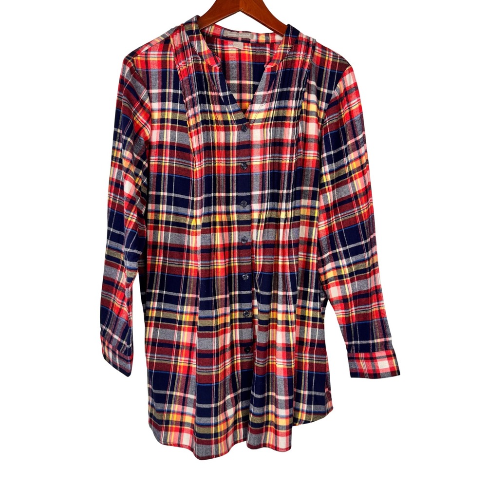 Woman Within Plaid Tunic Women 18/20 L Red Navy Cotton Pintuck Button Shirt